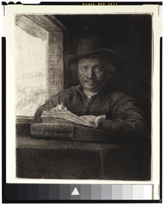 Selvportrett, Etching at a Window, 1648 (etsing og gravering på lagt papir) av Rembrandt van Rijn