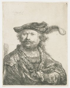 Selvportrett i fløyelshette med plume Selvportrett i fløyelshette med sky av Rembrandt van Rijn