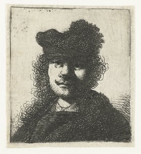 Selvportrett i caps og mørk kappe: byste av Rembrandt van Rijn