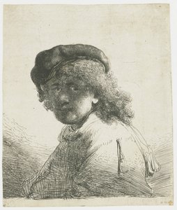 Selvportrett i lue og skjerf med ansiktet mørkt: byste av Rembrandt van Rijn