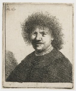 Selvportrett i kappe med fallende krage: byste av Rembrandt van Rijn