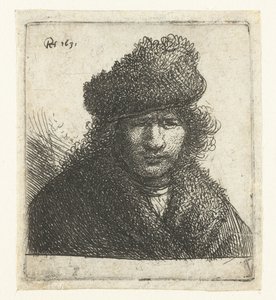 Selvportrett i skrå pelshatt: byste av Rembrandt van Rijn