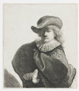 Selvportrett i myk lue og mønstret kappe av Rembrandt van Rijn