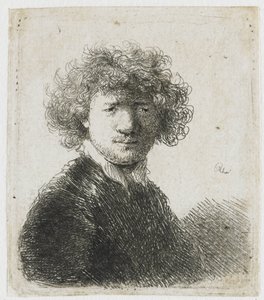Selvportrett med krøllete hår og hvit krage: byste av Rembrandt van Rijn