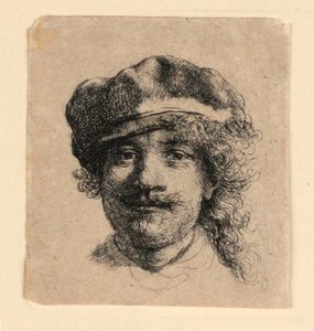 Selvportrett med myk hette: Helt ansikt, kun hode av Rembrandt van Rijn