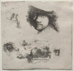 Studieark: Selvportrett, et tiggerpar, etc. av Rembrandt van Rijn