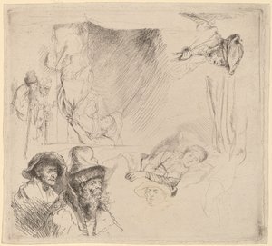 Ark med studier inkludert en kvinne som ligger syk i sengen av Rembrandt van Rijn