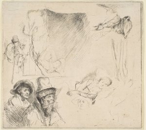 Ark med studier med en kvinne som ligger syk i sengen, etc., ca. 164142. av Rembrandt van Rijn