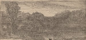 Lite grått landskap: et hus og trær ved siden av et basseng, ca. 1640. av Rembrandt van Rijn