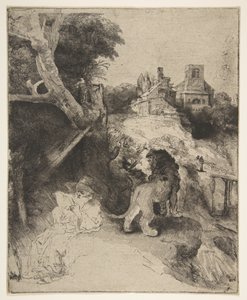 St. Jerome leser i et italiensk landskap, ca. 1653. av Rembrandt van Rijn