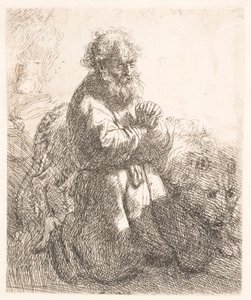 St. Hieronymus kneler i bønn og ser ned av Rembrandt van Rijn