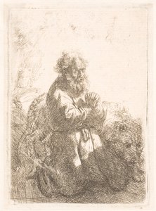 St. Hieronymus kneler i bønn og ser ned av Rembrandt van Rijn