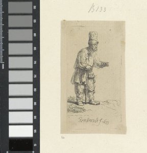 Stående bonde med høyt hodeplagg, lent på en pinne Recueil de quatre-vingt-cinq estampes originales (serietittel) av Rembrandt van Rijn