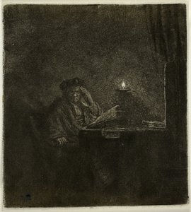 Student ved et bord ved levende lys av Rembrandt van Rijn