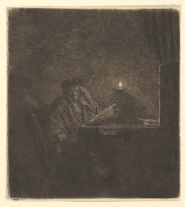 Student ved et bord ved levende lys, ca. 1642. av Rembrandt van Rijn