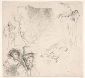 Studieblad, inkludert en sengeliggende kvinne av Rembrandt van Rijn