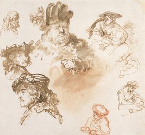 Studier av gamle menns hoder og tre kvinner med barn, ca. 1635-36 (blekk og vask på papir) av Rembrandt van Rijn