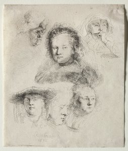 Studier av lederen av Saskia og andre, 1636. av Rembrandt van Rijn