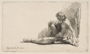 Studie fra naken: Man sitter på bakken, med ett ben forlenget, 1646. av Rembrandt van Rijn