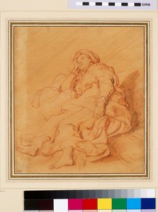 Studie av Rachels figur, ca. 1621 (rødt kritt med svart og hvitt kritt på oransje forberedt papir) av Rembrandt van Rijn
