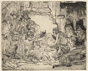 Hyrdenes tilbedelse: Med lampen av Rembrandt van Rijn