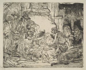 Hyrdenes tilbedelse, med lampen, ca. 1654. av Rembrandt van Rijn