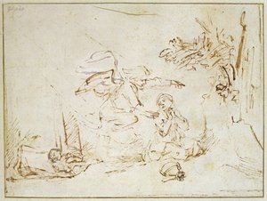 Engelen viser seg for Hagar og Ismael i villmarken (penn og brunt blekk med kroppsfarge på papir) av Rembrandt van Rijn