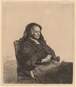 Kunstnerens mor sitter ved et bord og ser rett ut av Rembrandt van Rijn