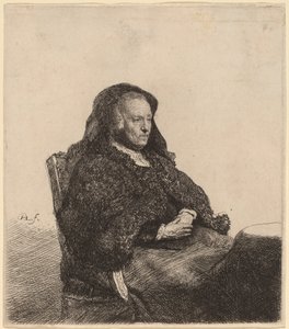 Kunstnerens mor sitter ved et bord og ser rett ut av Rembrandt van Rijn