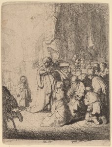 Presentasjonen i tempelet med engelen: Liten tallerken av Rembrandt van Rijn