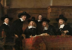 Prøvetakerne til Amsterdam Drapers' Guild, kjent som 'The Syndics' Prøvetakerne fra Amsterdam Drapers' Guild, kjent som 'The Syndics' av Rembrandt van Rijn