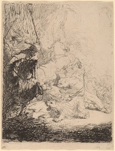 Den lille løvejakten (med to løver) av Rembrandt van Rijn