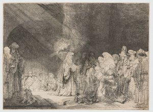 Presentasjonen i tempelet: avlangt trykk av Rembrandt van Rijn