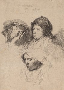 Three Heads of Women, One Sleeping, 1637. av Rembrandt van Rijn