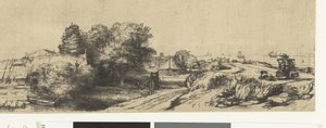 Utsikt over Diemerdijk med melkemann og hytter av Rembrandt van Rijn