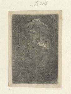 Kvinne i en døråpning, snakker med en mann med barn Recueil de quatre-vingt-cinq estampes originales (serietittel) av Rembrandt van Rijn