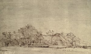 Vinterlandskap med hytter blant trær, ca. 1650 (rørpenn og brunt blekk) av Rembrandt van Rijn