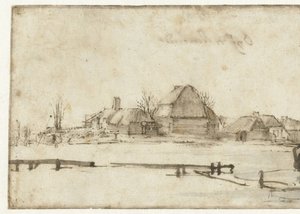 Vinterutsikt med vannvei, hytter og to båter av Rembrandt van Rijn