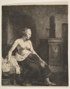 Kvinne som sitter halvkledd ved siden av en komfyr, 1658. av Rembrandt van Rijn