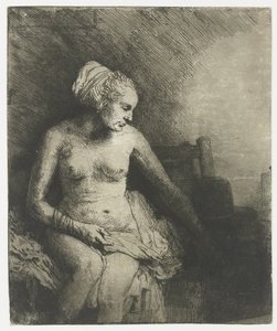 Kvinne på badet, med en hatt ved siden av henne Kvinne på badet med en lue ved siden av seg av Rembrandt van Rijn