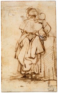 Kvinne med et barn på fanget, 1640-tallet. av Rembrandt van Rijn