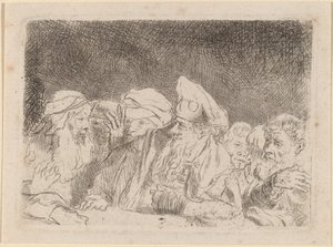 Fariseerne debatterer (fragment fra trykket i hundre gylden) av Rembrandt van Rijn and William Baillie
