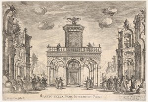 Første mellomspill: palace of fame Mellom sjette: palace of fame, fra seriens S ..., 1608. av Remigio Cantagallina