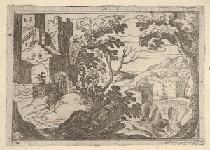 Landskap med bygninger til venstre og bro til høyre under, ca. 1620-50. av Remigio Cantagallina
