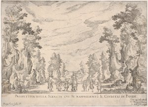 Utsikt over scenen som er representert i Paris-dommen Prospettiva della scena i..., 1608. av Remigio Cantagallina
