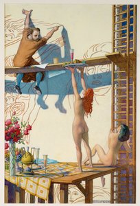 Klimt arbeider med veggmaleriet sitt Filosofi til hovedsalen ved Wiens universitet … (akvarell) av Remigius Geyling