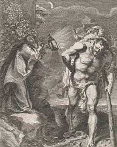Den hellige Christopher bærer Kristusbarnet over en bekk, en annen mann holder en ..., ca. 1636-80.