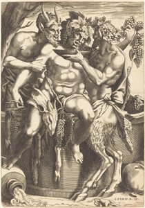 To satyrer som gir drikke til Bacchus av René Boyvin after Luca Penni