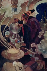 "Etter et langt og nøye forløp med magiske henvendelser" fra "The Arabian Nights" (farge litho) av René Bull