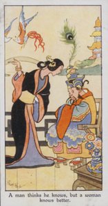 Østlig ordtak: En mann tror han vet, men en kvinne vet bedre (farge litho) av René Bull
